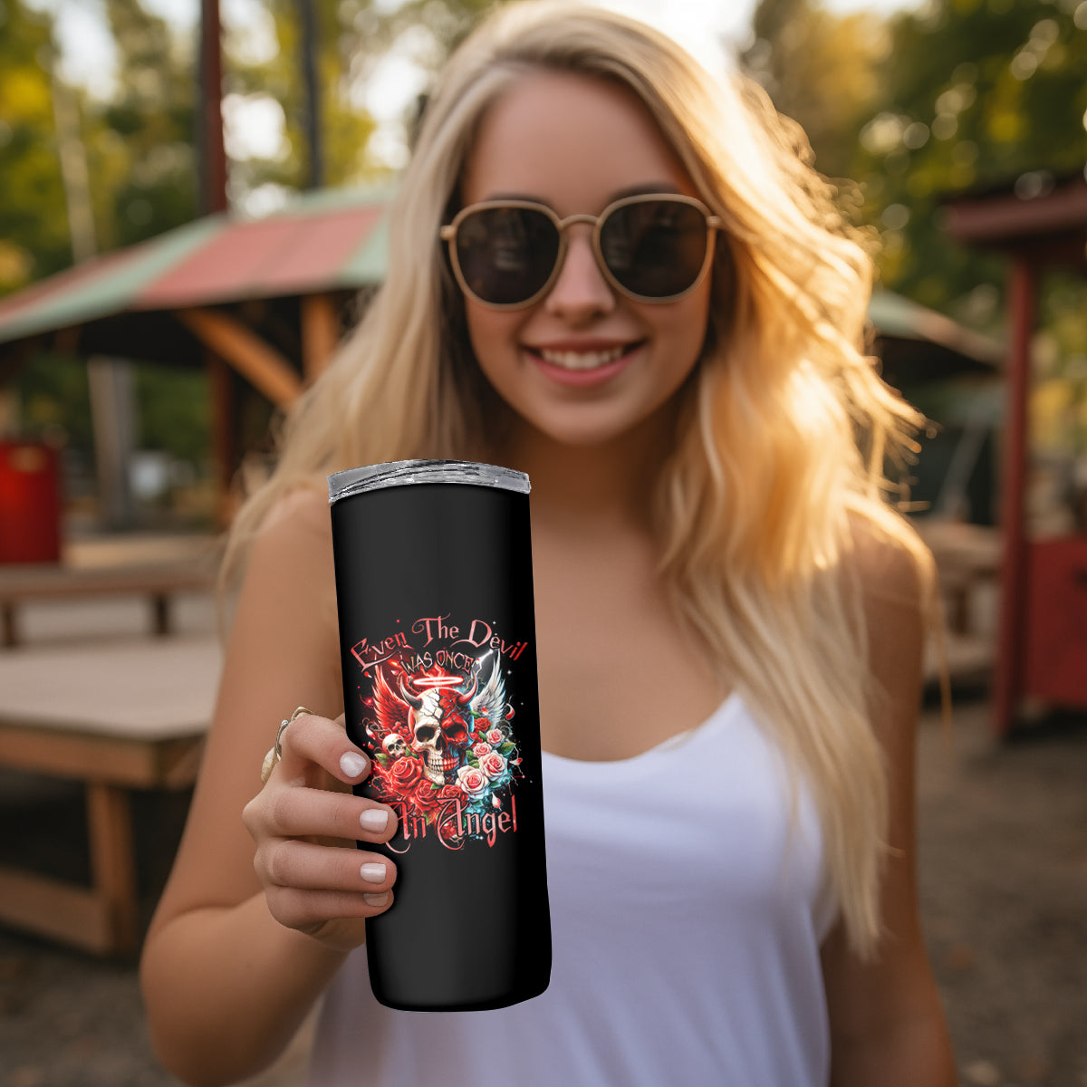 Evil Angel Skull Skinny Tumbler Even The Devil Was Once An Angel - Wonder Print Shop