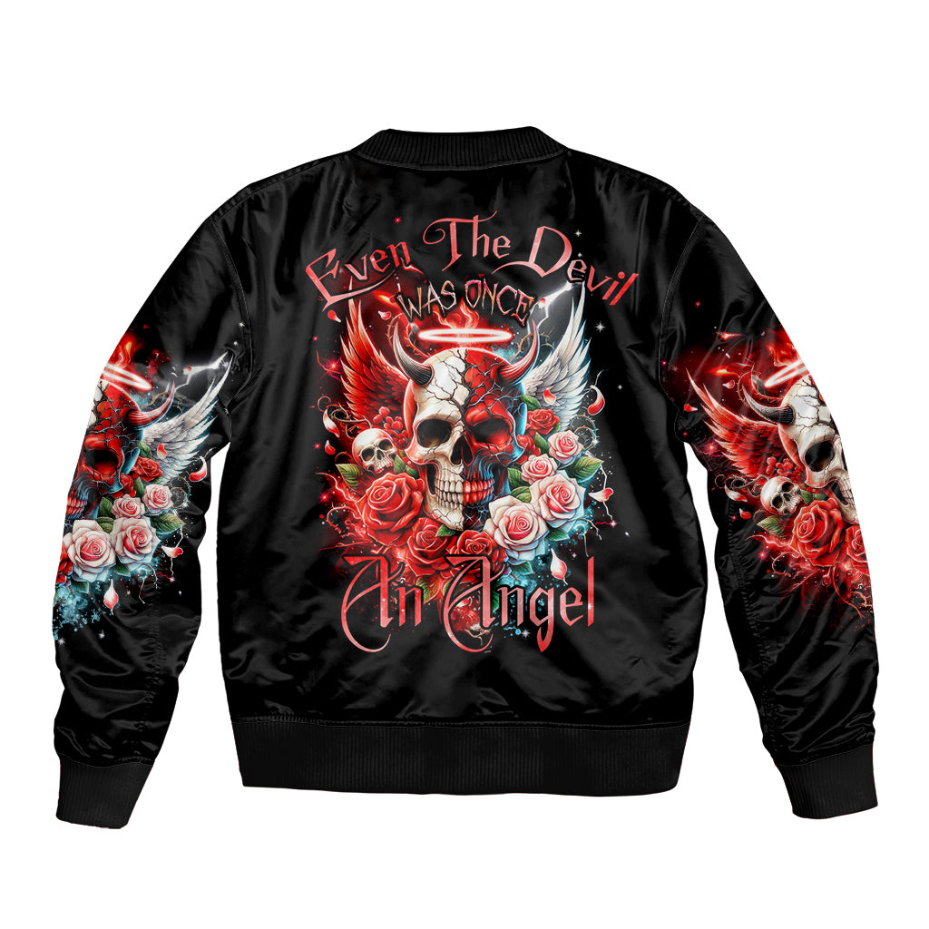 Evil Angel Skull Sleeve Zip Bomber Jacket Even The Devil Was Once An Angel - Wonder Print Shop