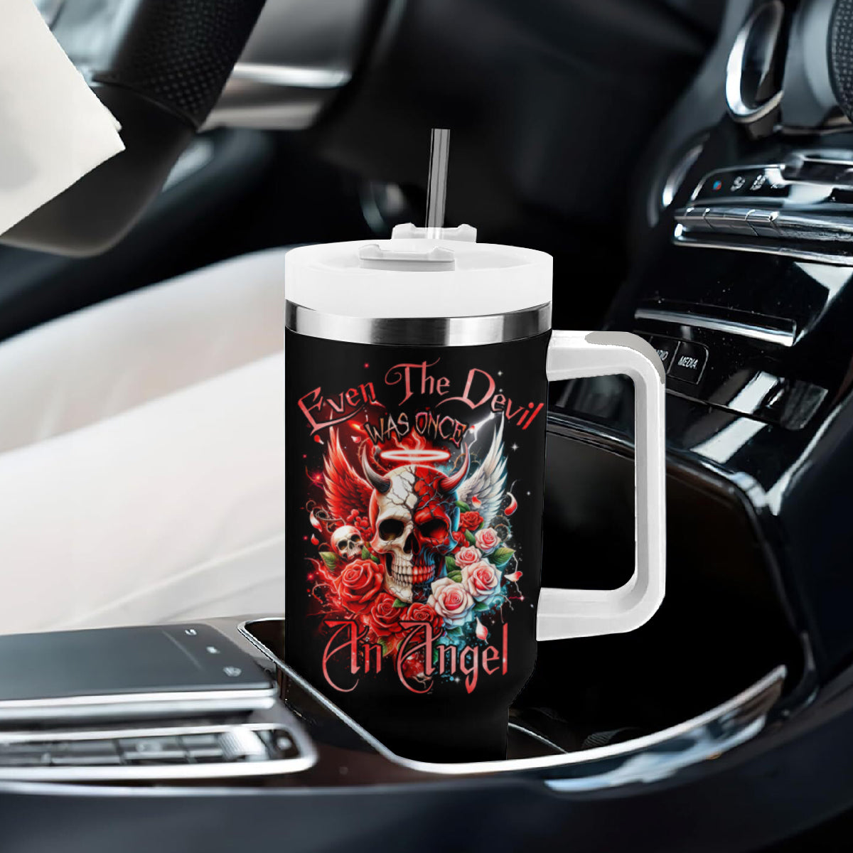 Evil Angel Skull Tumbler With Handle Even The Devil Was Once An Angel - Wonder Print Shop