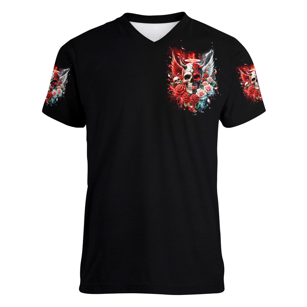 Evil Angel Skull Women V Neck T Shirt Even The Devil Was Once An Angel - Wonder Print Shop