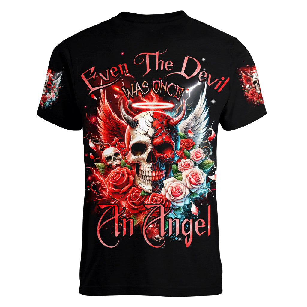 Evil Angel Skull Women V Neck T Shirt Even The Devil Was Once An Angel - Wonder Print Shop