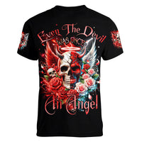 Evil Angel Skull Women V Neck T Shirt Even The Devil Was Once An Angel - Wonder Print Shop