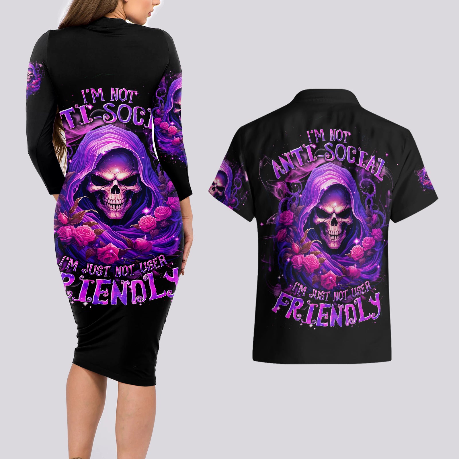 Reaper Skull Couples Matching Long Sleeve Bodycon Dress and Hawaiian Shirt I'm Not Anti-Social I'm Just Not User Friendly - Wonder Print Shop