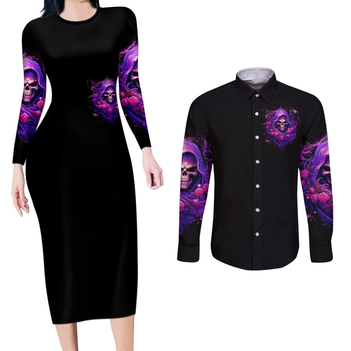 Reaper Skull Couples Matching Long Sleeve Bodycon Dress and Long Sleeve Button Shirt I'm Not Anti-Social I'm Just Not User Friendly - Wonder Print Shop