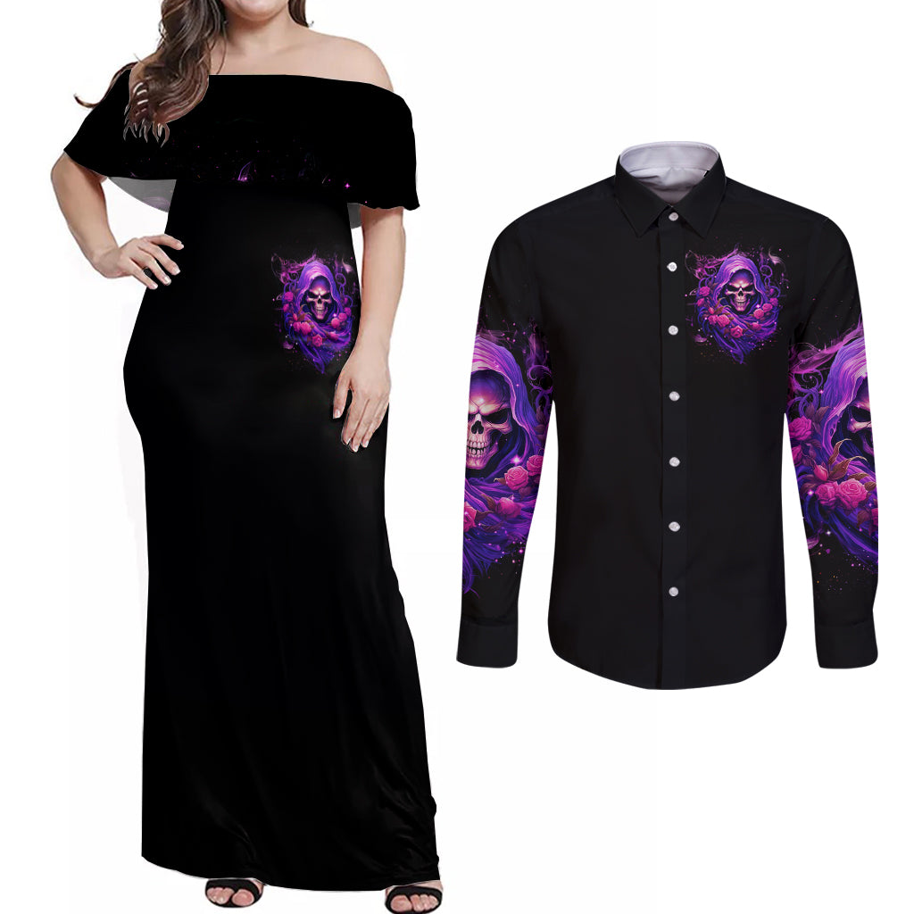 Reaper Skull Couples Matching Off Shoulder Maxi Dress and Long Sleeve Button Shirt I'm Not Anti-Social I'm Just Not User Friendly - Wonder Print Shop