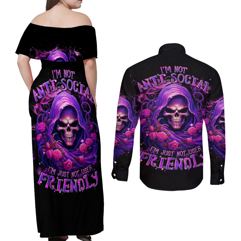 Reaper Skull Couples Matching Off Shoulder Maxi Dress and Long Sleeve Button Shirt I'm Not Anti-Social I'm Just Not User Friendly - Wonder Print Shop