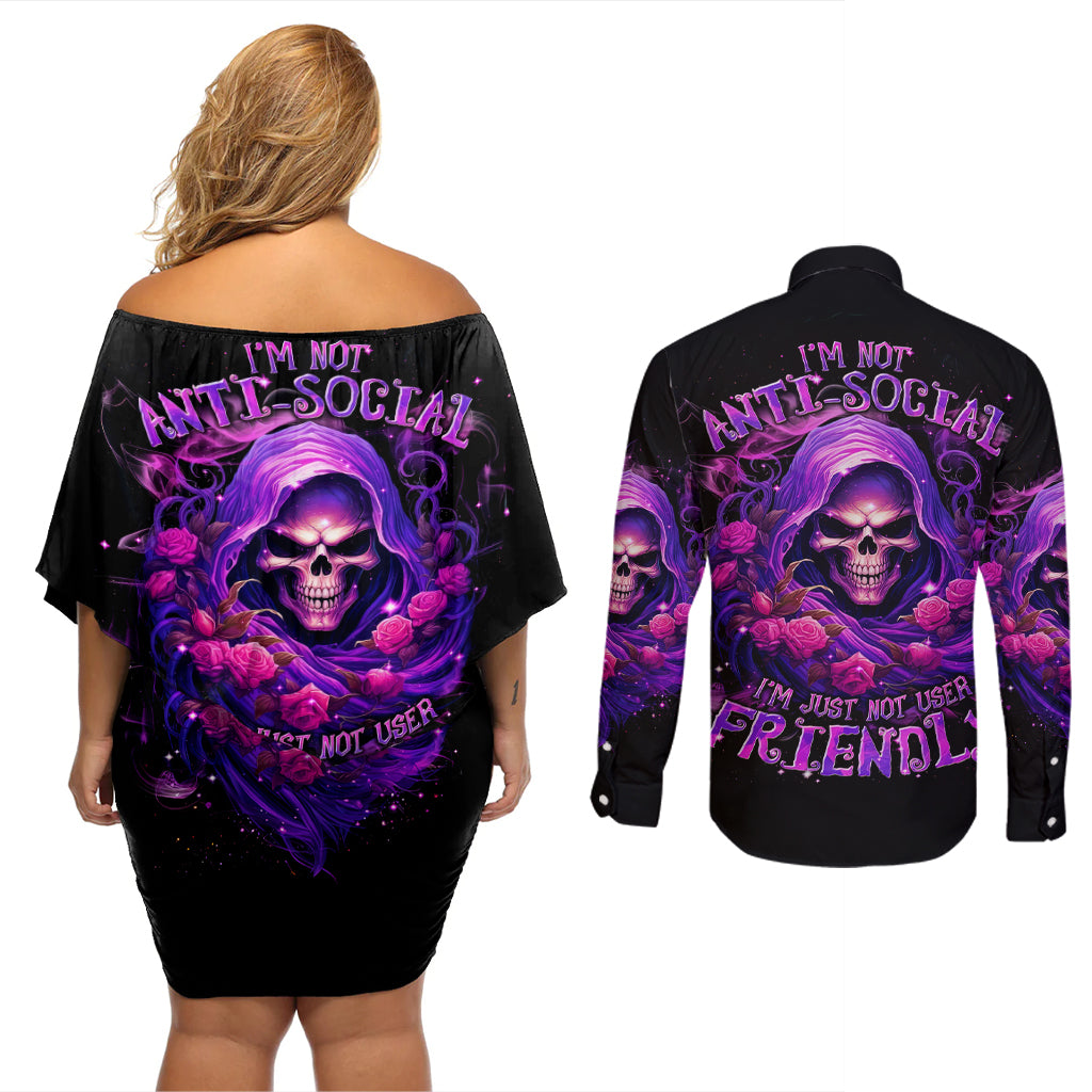 Reaper Skull Couples Matching Off Shoulder Short Dress and Long Sleeve Button Shirt I'm Not Anti-Social I'm Just Not User Friendly - Wonder Print Shop