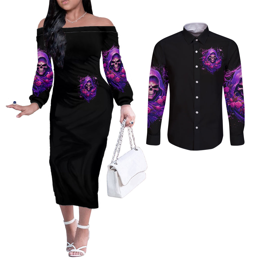 Reaper Skull Couples Matching Off The Shoulder Long Sleeve Dress and Long Sleeve Button Shirt I'm Not Ant-Social I'm Just Not User Friendly