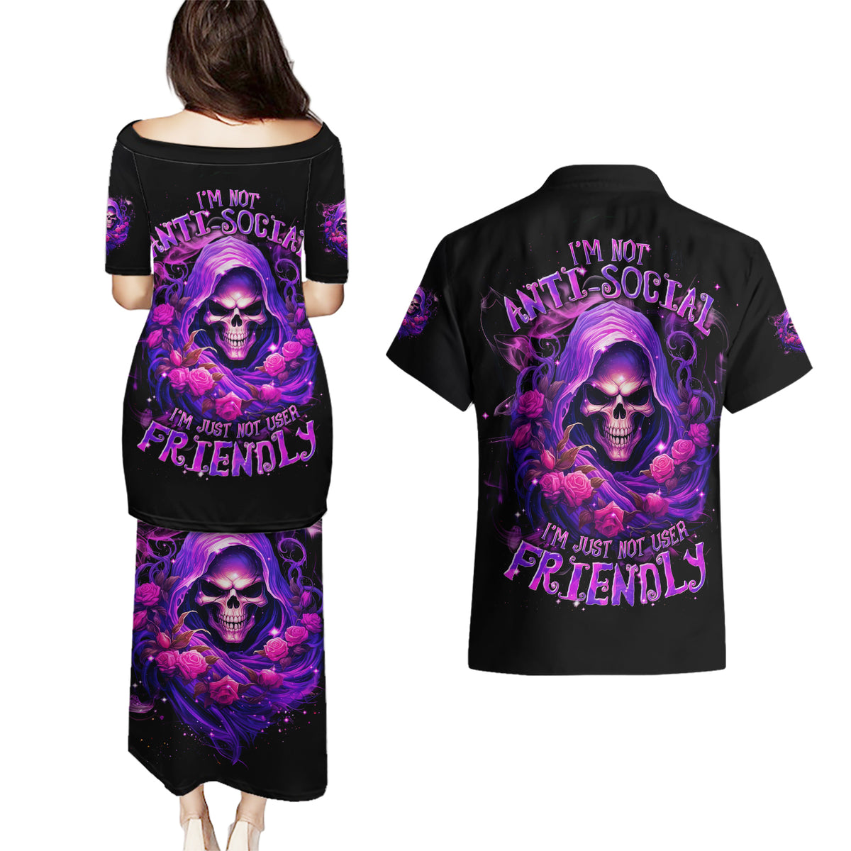 Reaper Skull Couples Matching Puletasi and Hawaiian Shirt I'm Not Anti-Social I'm Just Not User Friendly - Wonder Print Shop