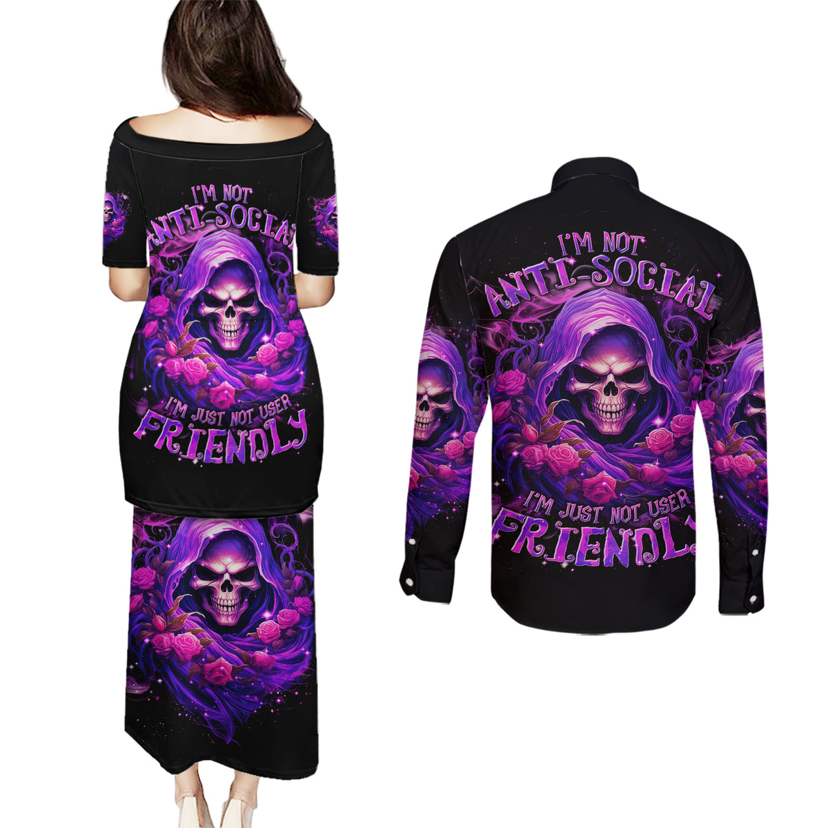 Reaper Skull Couples Matching Puletasi and Long Sleeve Button Shirt I'm Not Anti-Social I'm Just Not User Friendly - Wonder Print Shop