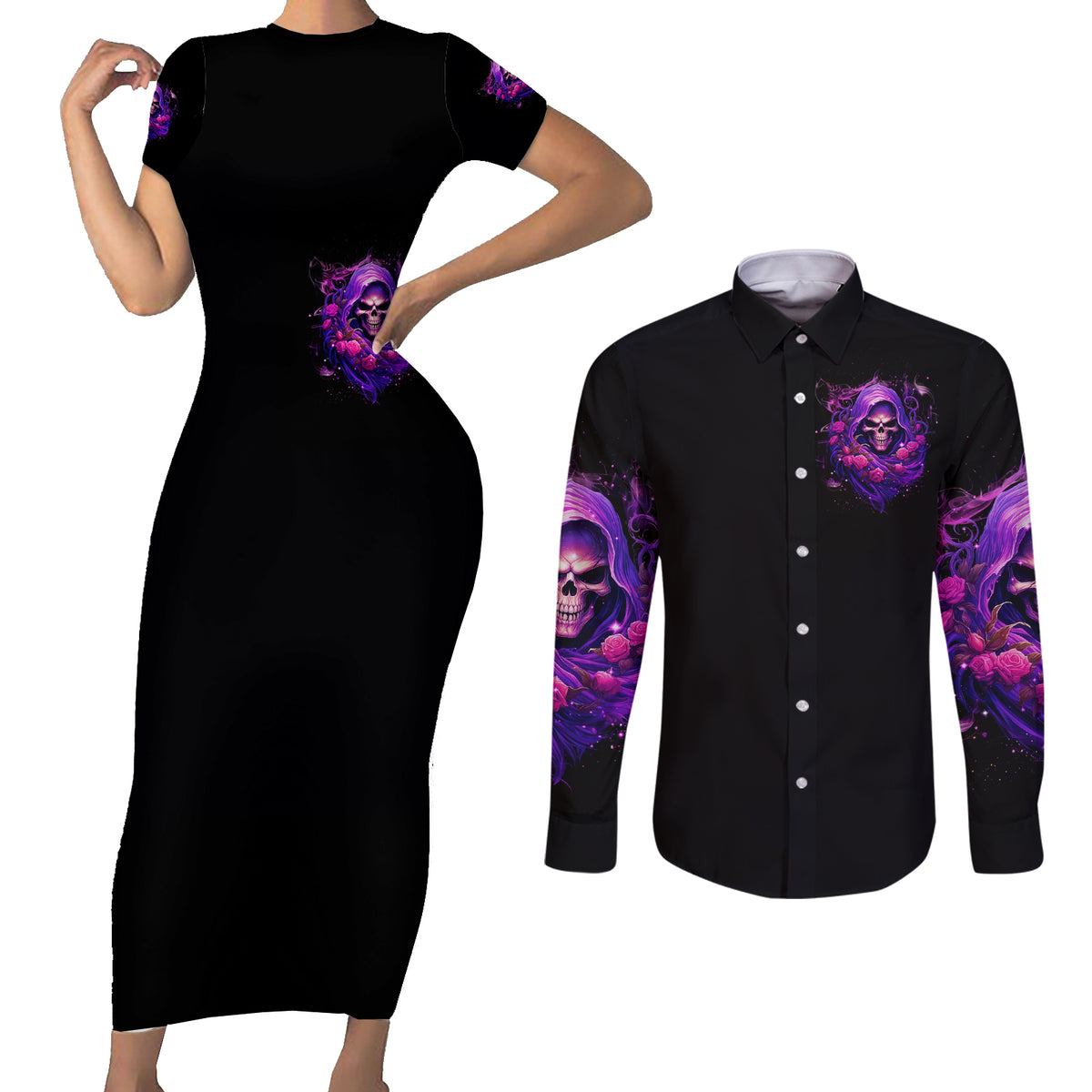 Reaper Skull Couples Matching Short Sleeve Bodycon Dress and Long Sleeve Button Shirt I'm Not Anti-Social I'm Just Not User Friendly - Wonder Print Shop