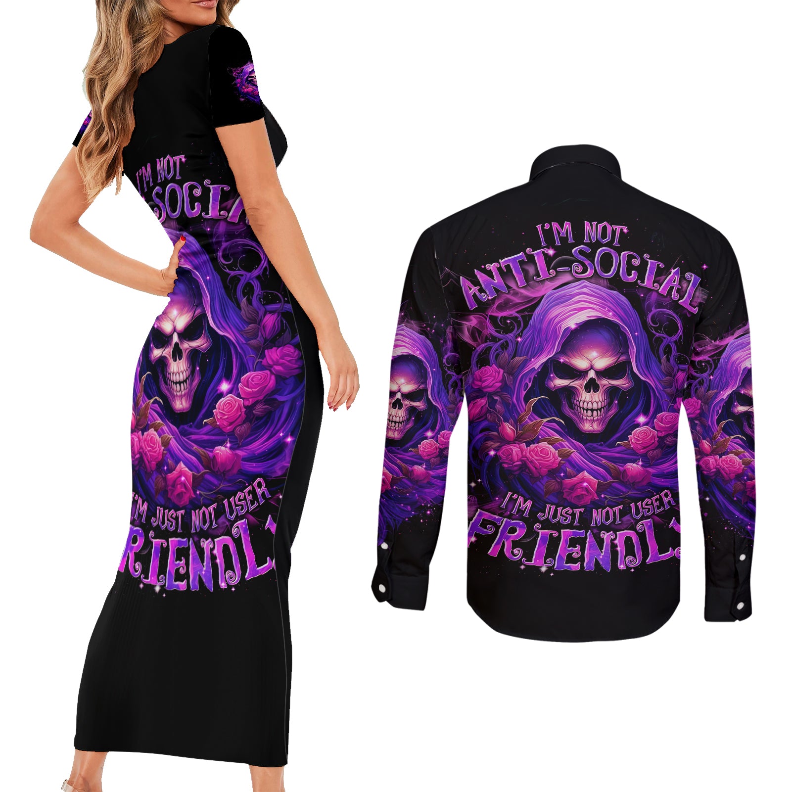 Reaper Skull Couples Matching Short Sleeve Bodycon Dress and Long Sleeve Button Shirt I'm Not Anti-Social I'm Just Not User Friendly - Wonder Print Shop