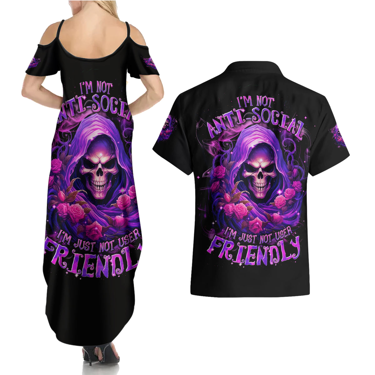 Reaper Skull Couples Matching Summer Maxi Dress and Hawaiian Shirt I'm Not Anti-Social I'm Just Not User Friendly - Wonder Print Shop