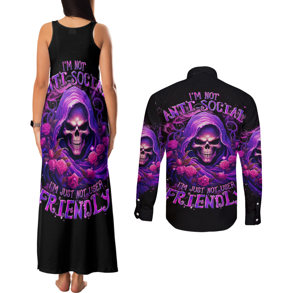 Reaper Skull Couples Matching Tank Maxi Dress and Long Sleeve Button Shirt I'm Not Anti-Social I'm Just Not User Friendly - Wonder Print Shop