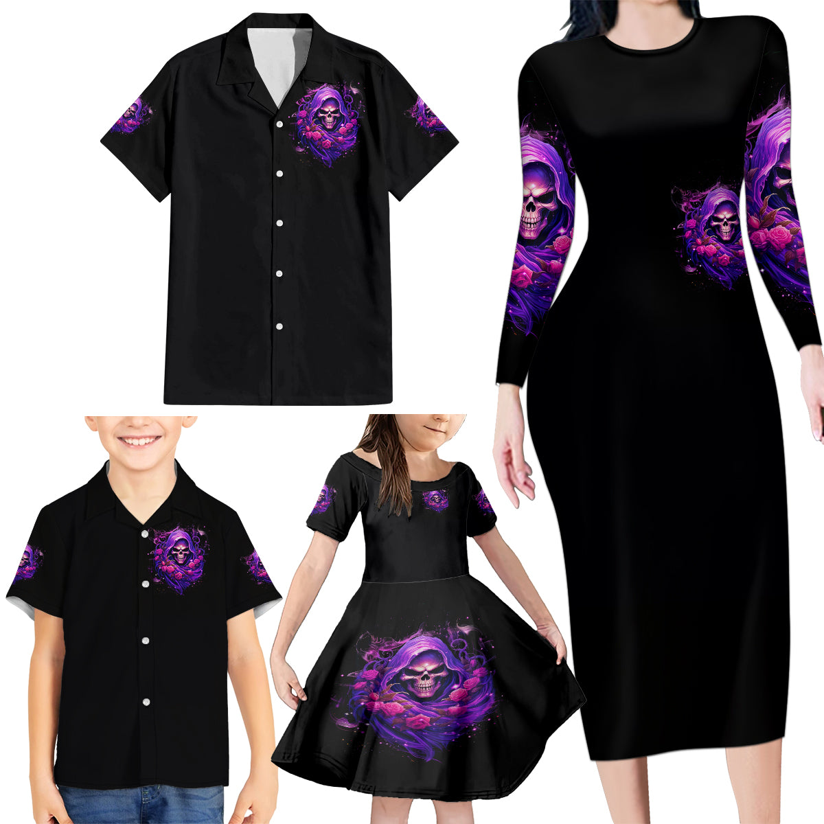 Reaper Skull Family Matching Long Sleeve Bodycon Dress and Hawaiian Shirt I'm Not Anti-Social I'm Just Not User Friendly - Wonder Print Shop