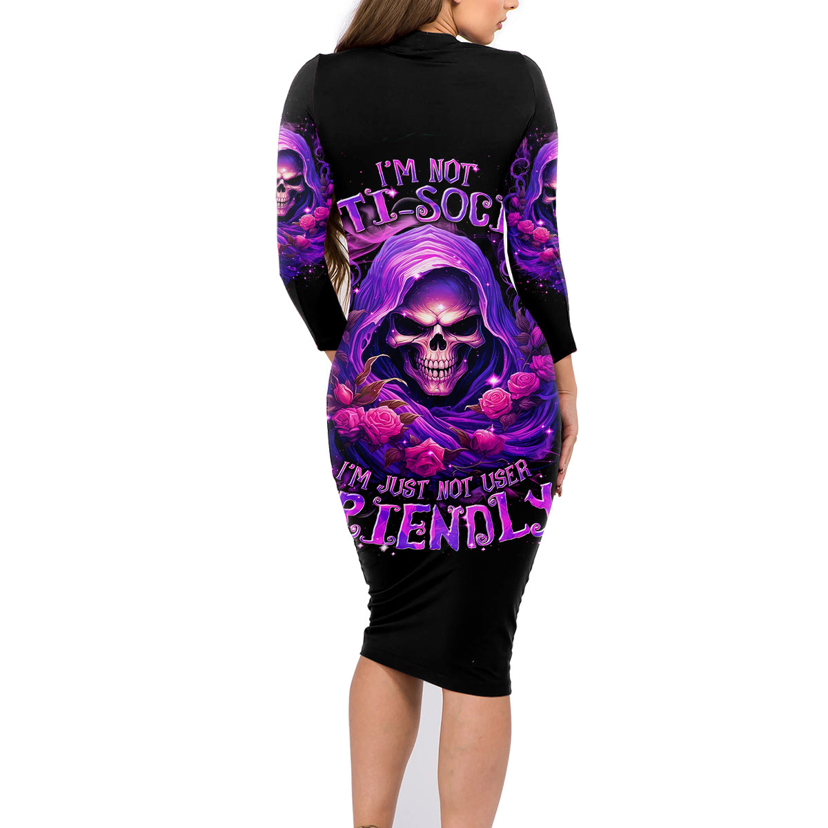 Reaper Skull Family Matching Long Sleeve Bodycon Dress and Hawaiian Shirt I'm Not Anti-Social I'm Just Not User Friendly - Wonder Print Shop