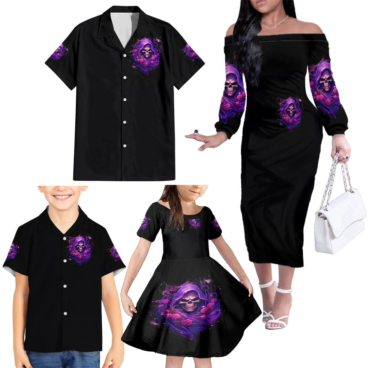 Reaper Skull Family Matching Off Shoulder Long Sleeve Dress and Hawaiian Shirt I'm Not Anti-Social I'm Just Not User Friendly - Wonder Print Shop