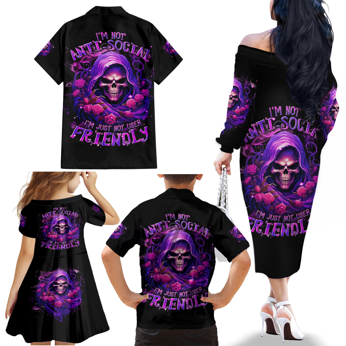 Reaper Skull Family Matching Off Shoulder Long Sleeve Dress and Hawaiian Shirt I'm Not Anti-Social I'm Just Not User Friendly - Wonder Print Shop