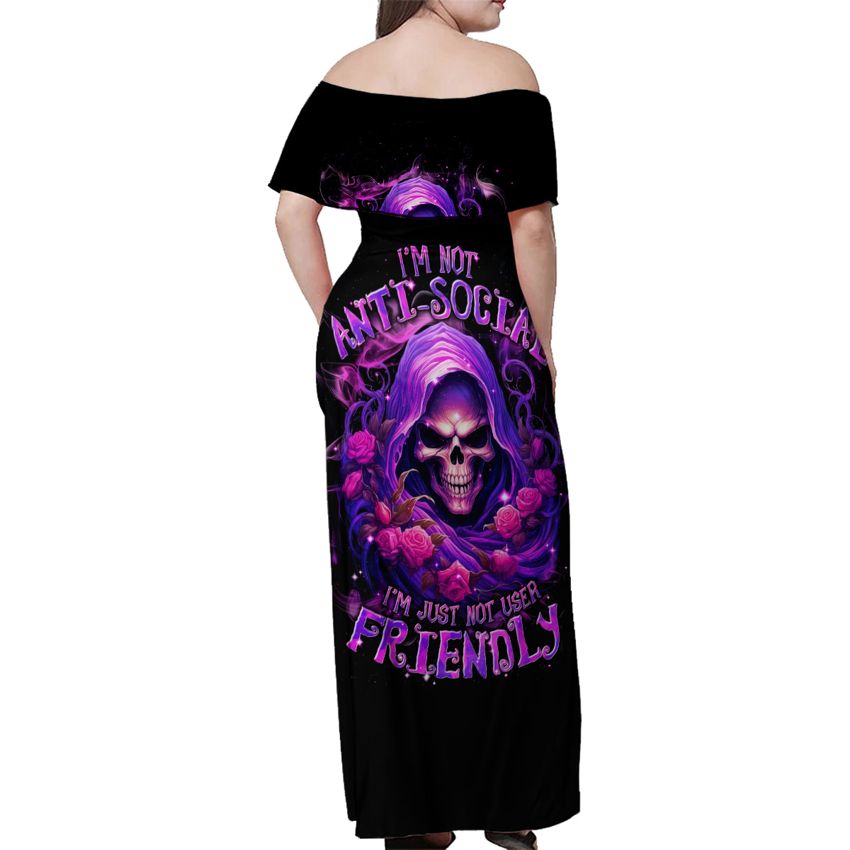 Reaper Skull Family Matching Off Shoulder Maxi Dress and Hawaiian Shirt I'm Not Anti-Social I'm Just Not User Friendly - Wonder Print Shop