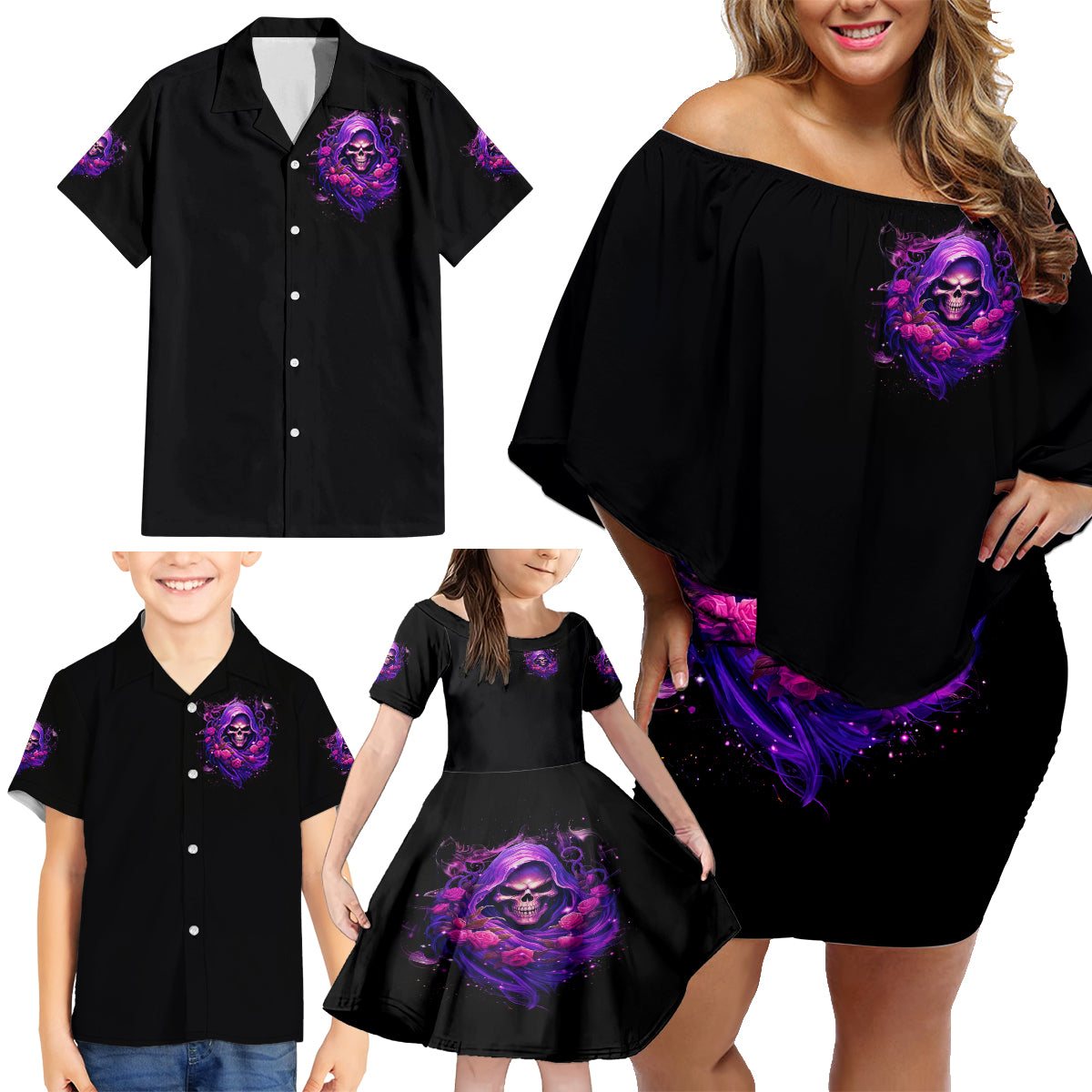 Reaper Skull Family Matching Off Shoulder Short Dress and Hawaiian Shirt I'm Not Anti-Social I'm Just Not User Friendly - Wonder Print Shop