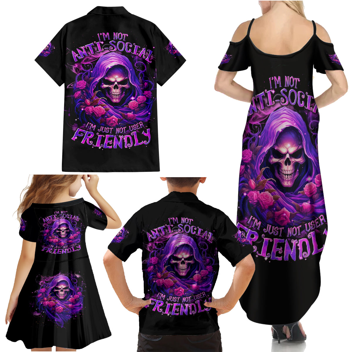 Reaper Skull Family Matching Summer Maxi Dress and Hawaiian Shirt I'm Not Anti-Social I'm Just Not User Friendly - Wonder Print Shop