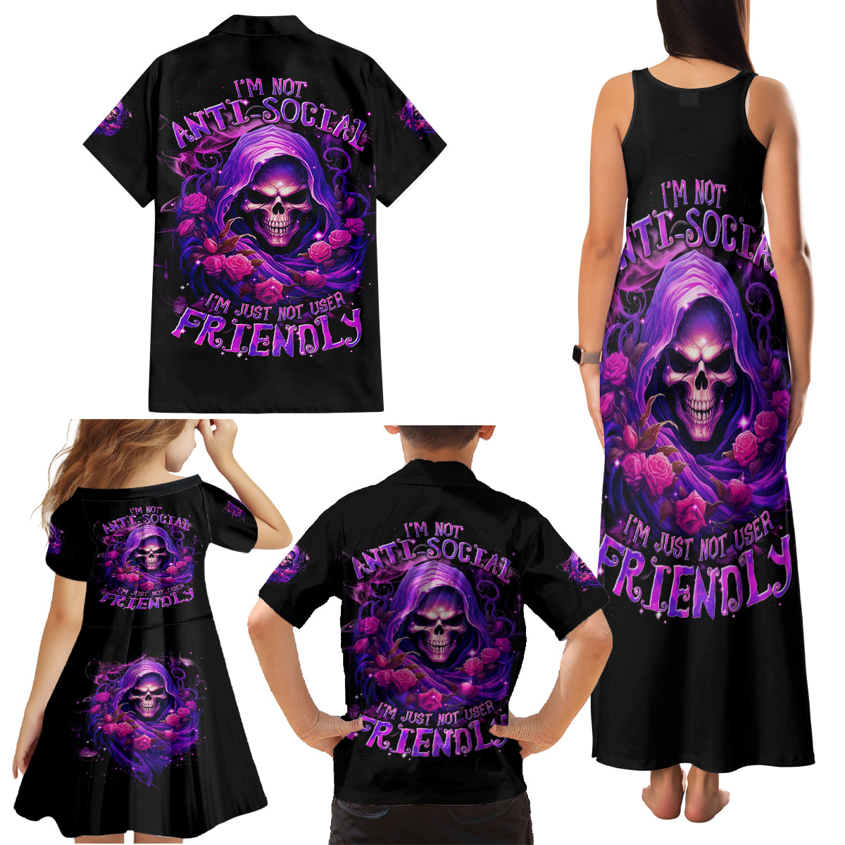Reaper Skull Family Matching Tank Maxi Dress and Hawaiian Shirt I'm Not Anti-Social I'm Just Not User Friendly - Wonder Print Shop