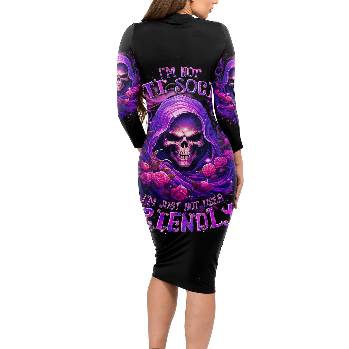 Reaper Skull Long Sleeve Bodycon Dress I'm Not Anti-Social I'm Just Not User Friendly - Wonder Print Shop