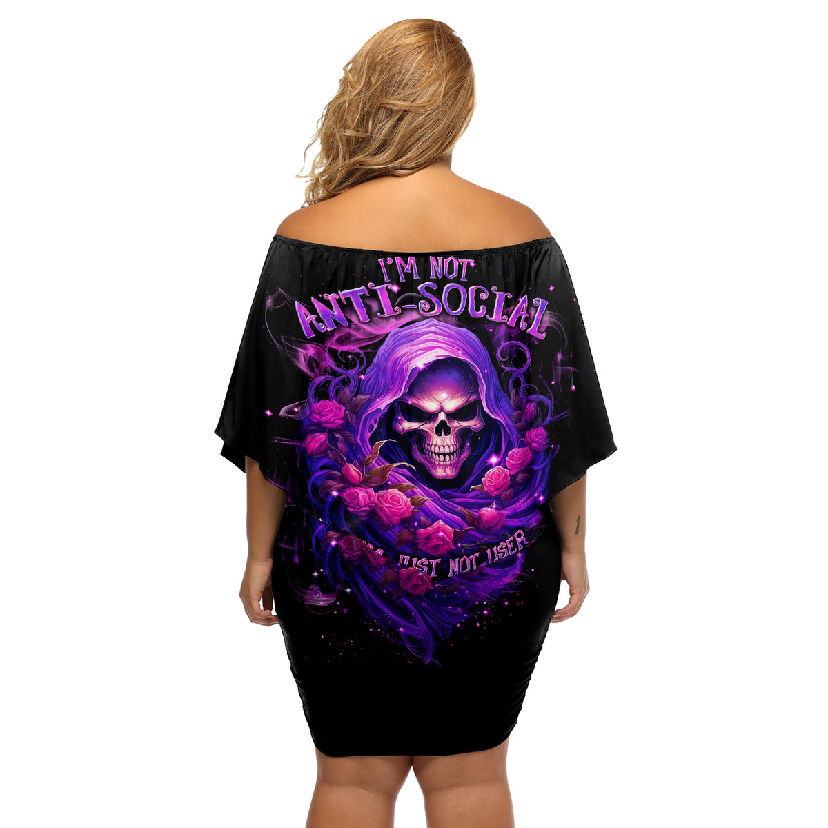 Reaper Skull Off Shoulder Short Dress I'm Not Anti-Social I'm Just Not User Friendly - Wonder Print Shop