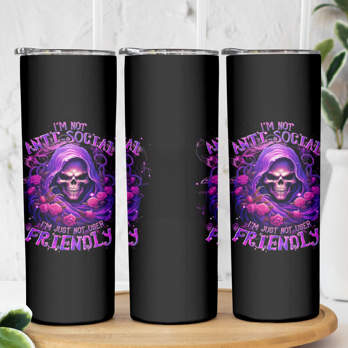 Reaper Skull Skinny Tumbler I'm Not Anti-Social I'm Just Not User Friendly - Wonder Print Shop