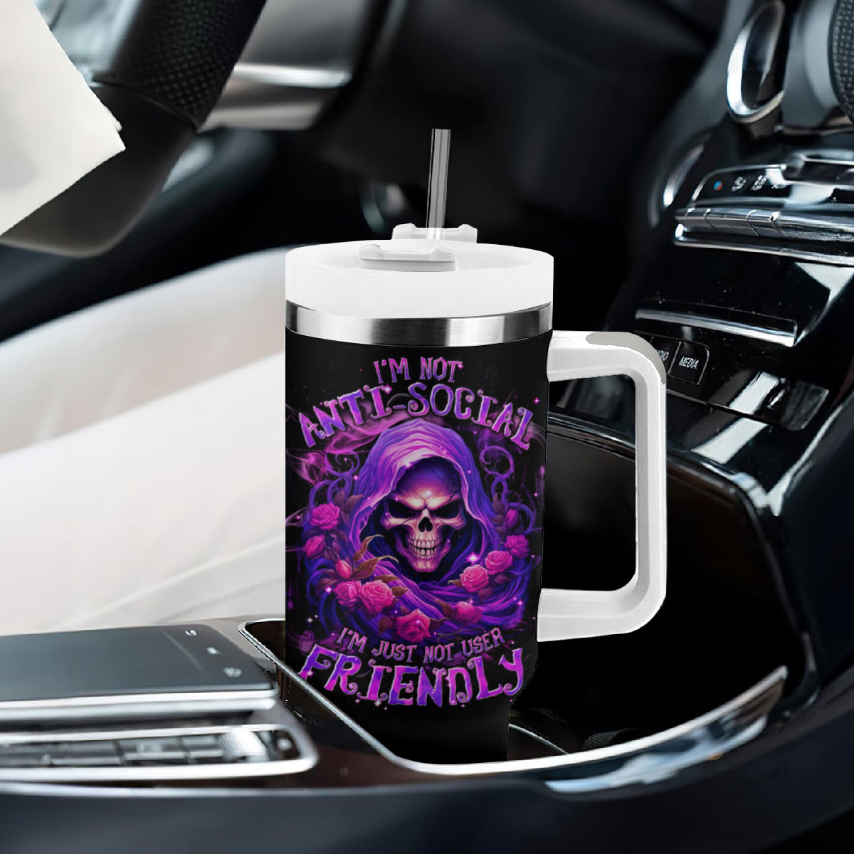 Reaper Skull Tumbler With Handle I'm Not Anti-Social I'm Just Not User Friendly - Wonder Print Shop