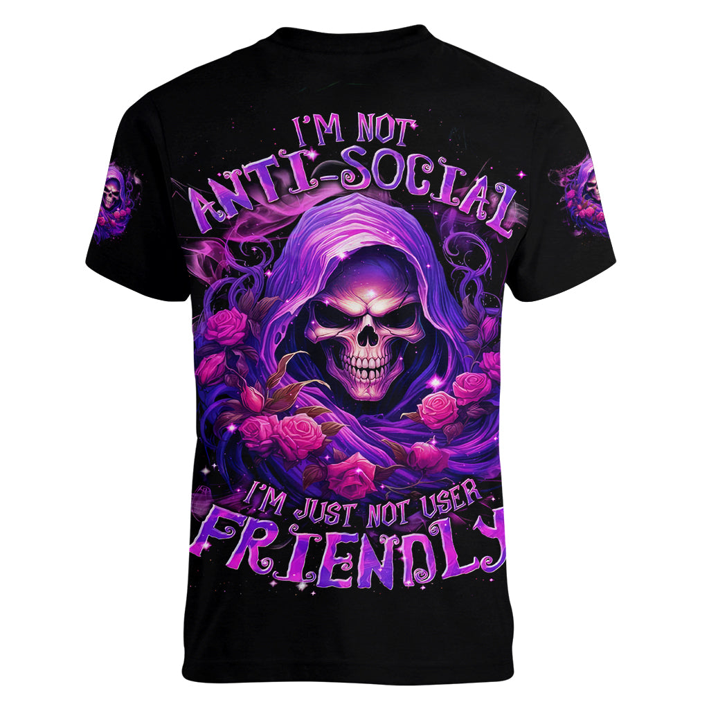 Reaper Skull Women V Neck T Shirt I'm Not Anti-Social I'm Just Not User Friendly - Wonder Print Shop