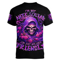 Reaper Skull Women V Neck T Shirt I'm Not Anti-Social I'm Just Not User Friendly - Wonder Print Shop