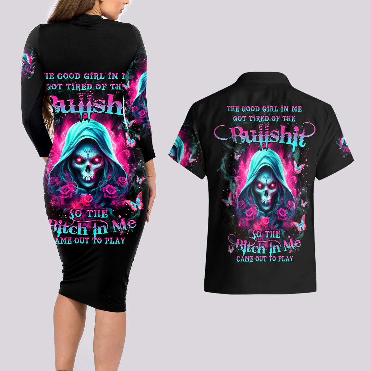 Witch Skull Couples Matching Long Sleeve Bodycon Dress and Hawaiian Shirt The Good Girl In Me Got Tired Of The Bullshit - Wonder Print Shop