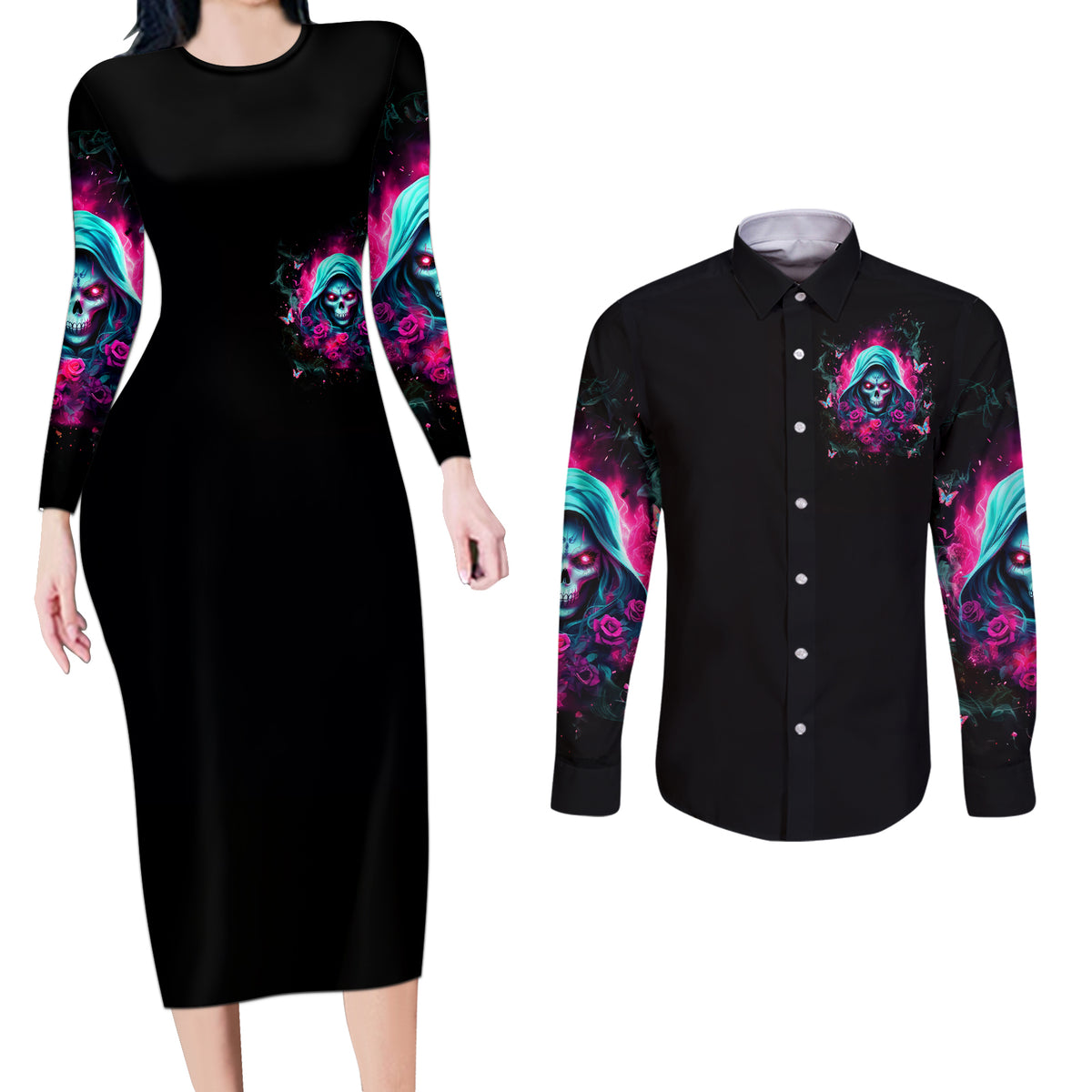 Witch Skull Couples Matching Long Sleeve Bodycon Dress and Long Sleeve Button Shirt The Good Girl In Me Got Tired Of The Bullshit - Wonder Print Shop