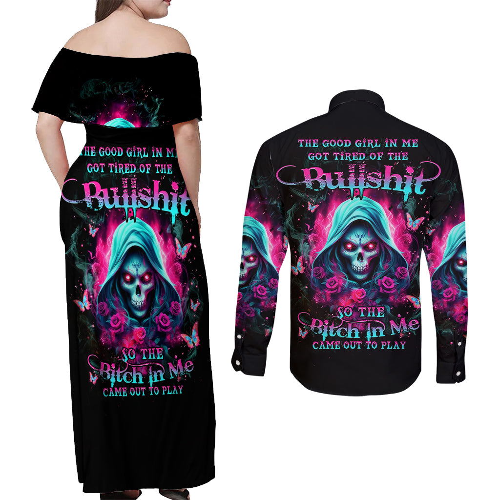 Witch Skull Couples Matching Off Shoulder Maxi Dress and Long Sleeve Button Shirt The Good Girl In Me Got Tired Of The Bullshit - Wonder Print Shop