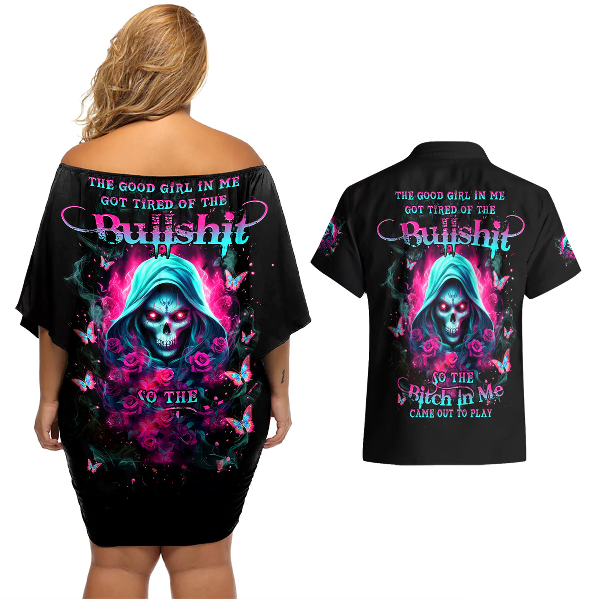 Witch Skull Couples Matching Off Shoulder Short Dress and Hawaiian Shirt The Good Girl In Me Got Tired Of The Bullshit - Wonder Print Shop