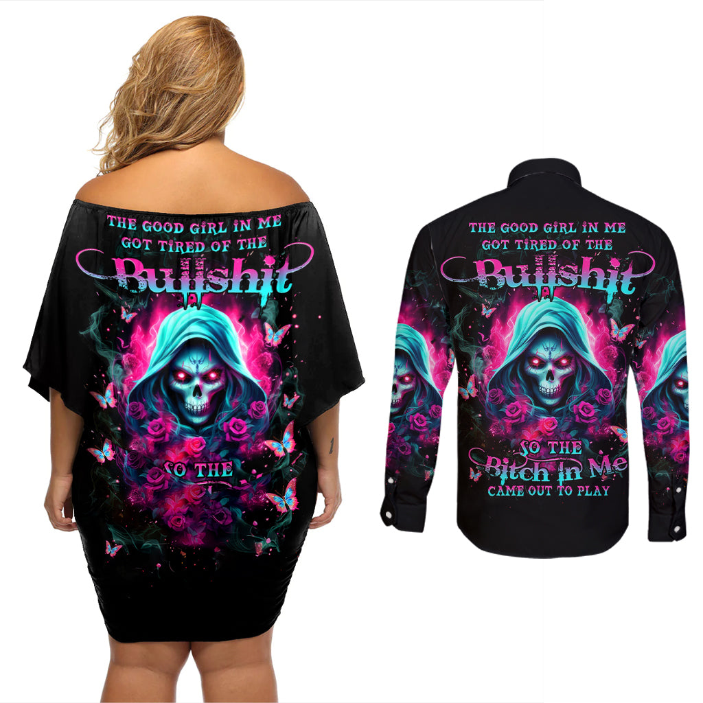 Witch Skull Couples Matching Off Shoulder Short Dress and Long Sleeve Button Shirt The Good Girl In Me Got Tired Of The Bullshit - Wonder Print Shop