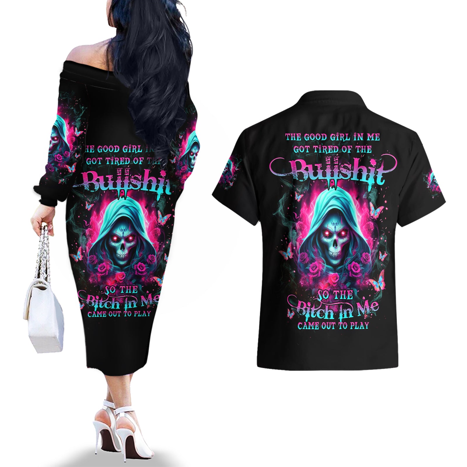 Witch Skull Couples Matching Off The Shoulder Long Sleeve Dress and Hawaiian Shirt The Good Girl In Me Got Tired Of The Bullshit - Wonder Print Shop