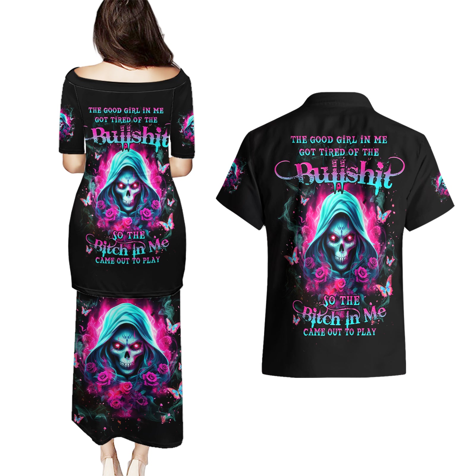 Witch Skull Couples Matching Puletasi and Hawaiian Shirt The Good Girl In Me Got Tired Of The Bullshit - Wonder Print Shop