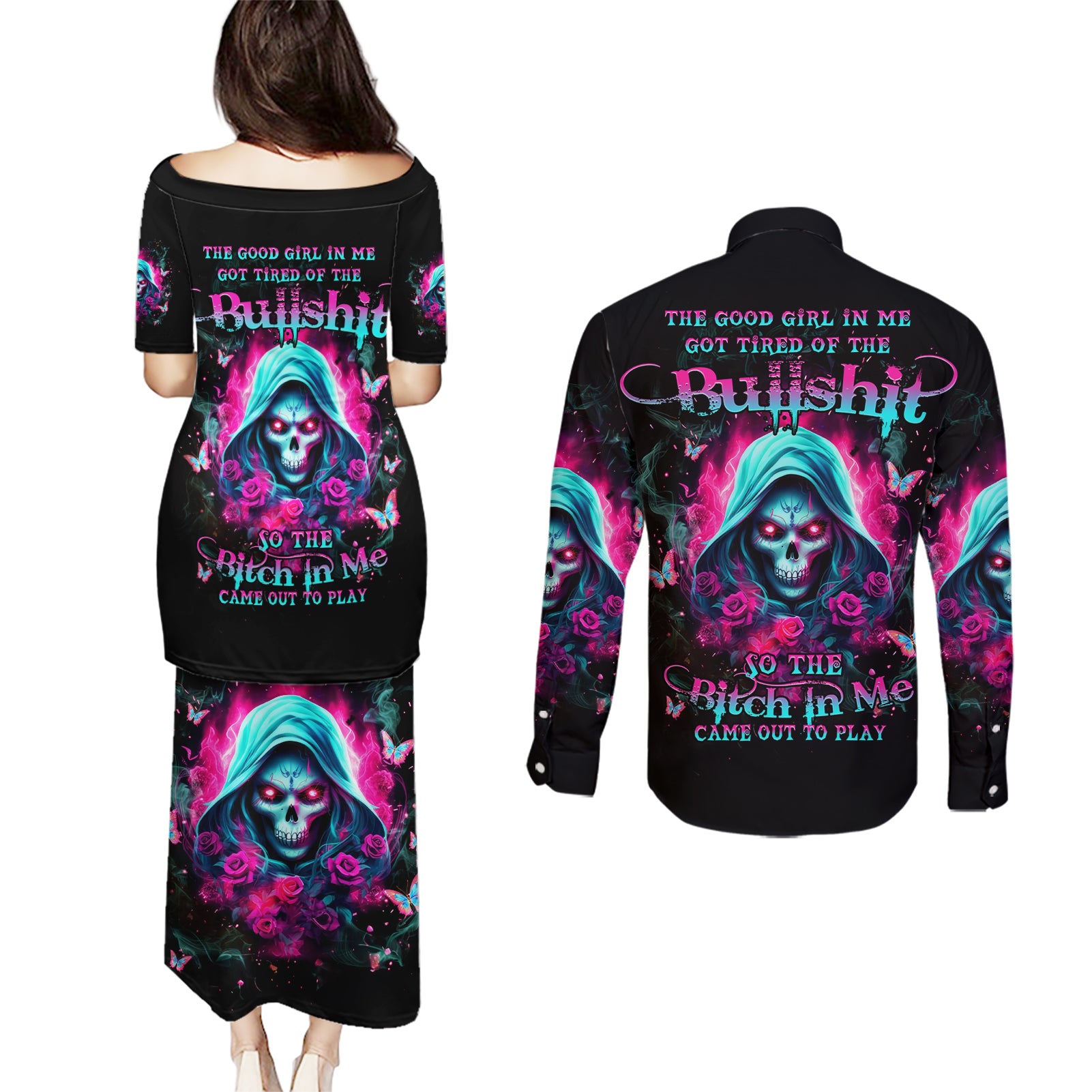Witch Skull Couples Matching Puletasi and Long Sleeve Button Shirt The Good Girl In Me Got Tired Of The Bullshit - Wonder Print Shop