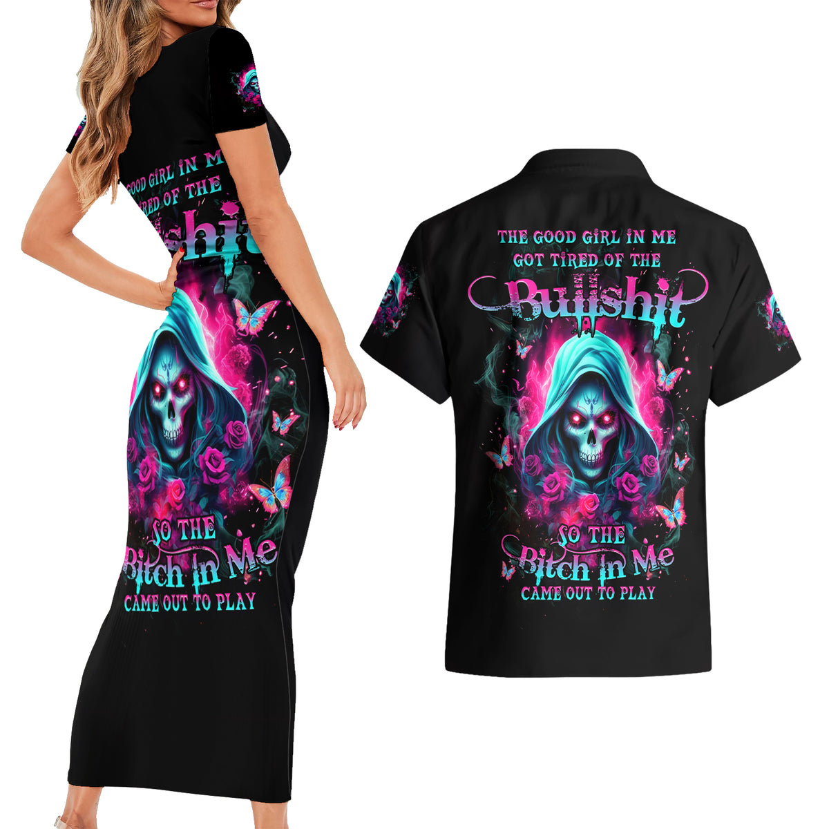 Witch Skull Couples Matching Short Sleeve Bodycon Dress and Hawaiian Shirt The Good Girl In Me Got Tired Of The Bullshit - Wonder Print Shop