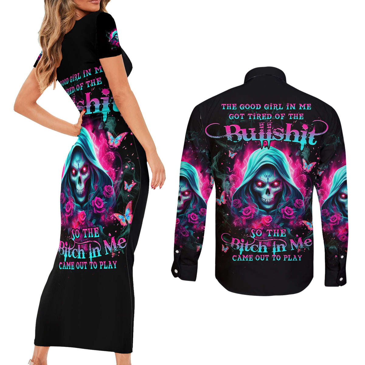 Witch Skull Couples Matching Short Sleeve Bodycon Dress and Long Sleeve Button Shirt The Good Girl In Me Got Tired Of The Bullshit - Wonder Print Shop