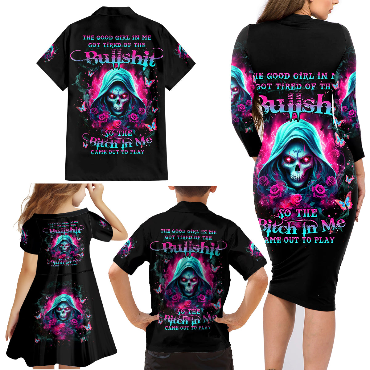 Witch Skull Family Matching Long Sleeve Bodycon Dress and Hawaiian Shirt The Good Girl In Me Got Tired Of The Bullshit - Wonder Print Shop
