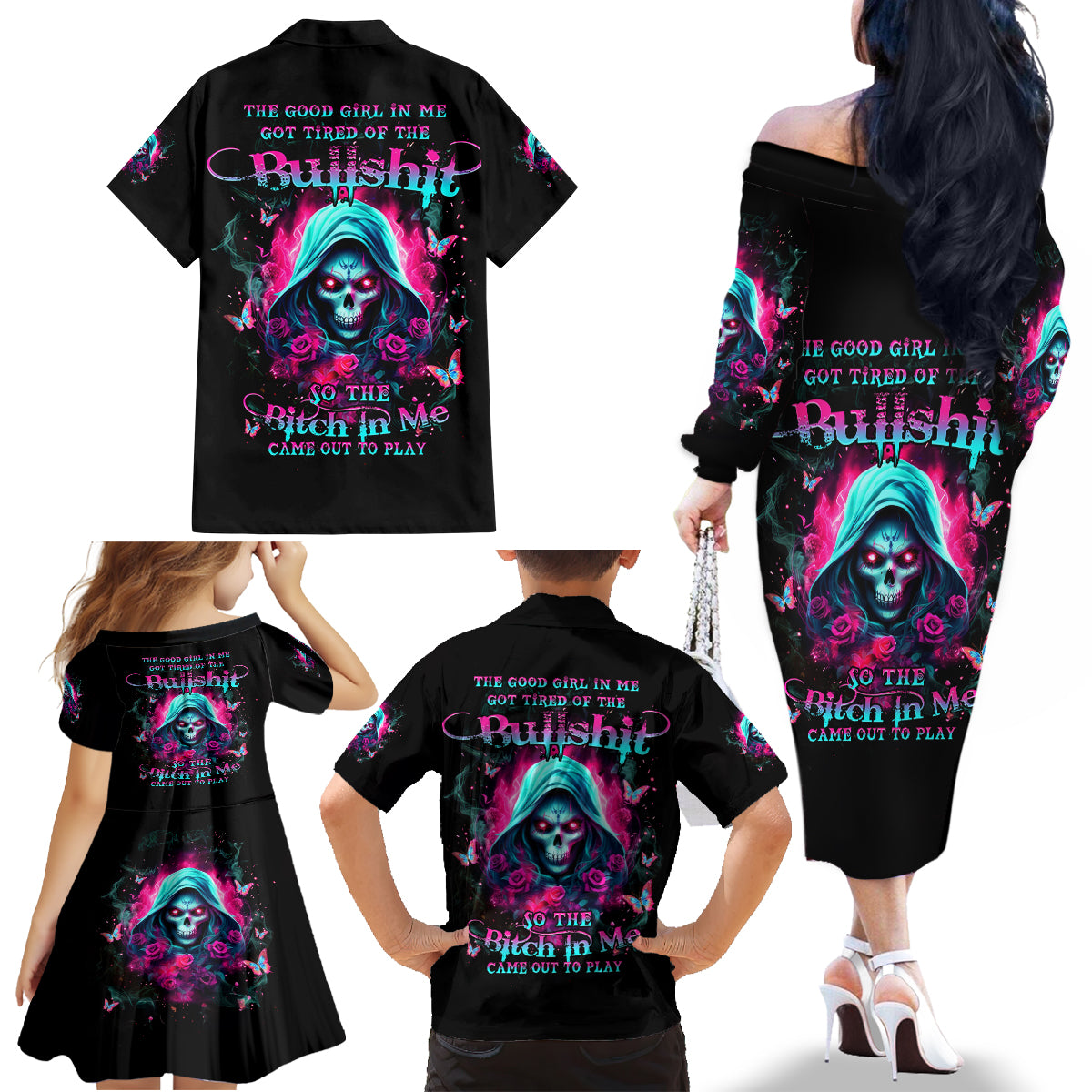 Witch Skull Family Matching Off Shoulder Long Sleeve Dress and Hawaiian Shirt The Good Girl In Me Got Tired Of The Bullshit - Wonder Print Shop
