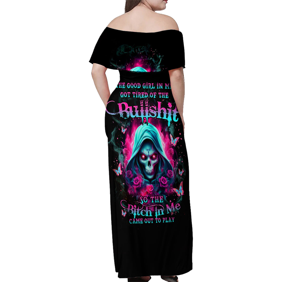 Witch Skull Family Matching Off Shoulder Maxi Dress and Hawaiian Shirt The Good Girl In Me Got Tired Of The Bullshit - Wonder Print Shop