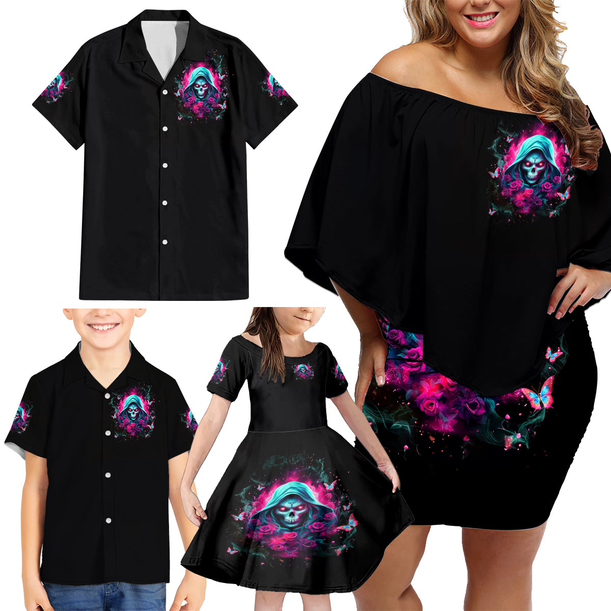 Witch Skull Family Matching Off Shoulder Short Dress and Hawaiian Shirt The Good Girl In Me Got Tired Of The Bullshit - Wonder Print Shop