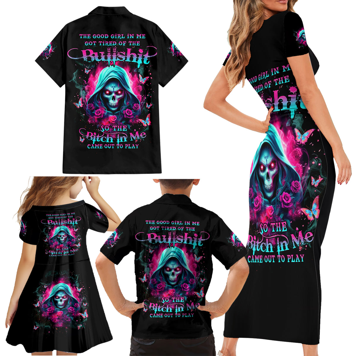 Witch Skull Family Matching Short Sleeve Bodycon Dress and Hawaiian Shirt The Good Girl In Me Got Tired Of The Bullshit - Wonder Print Shop