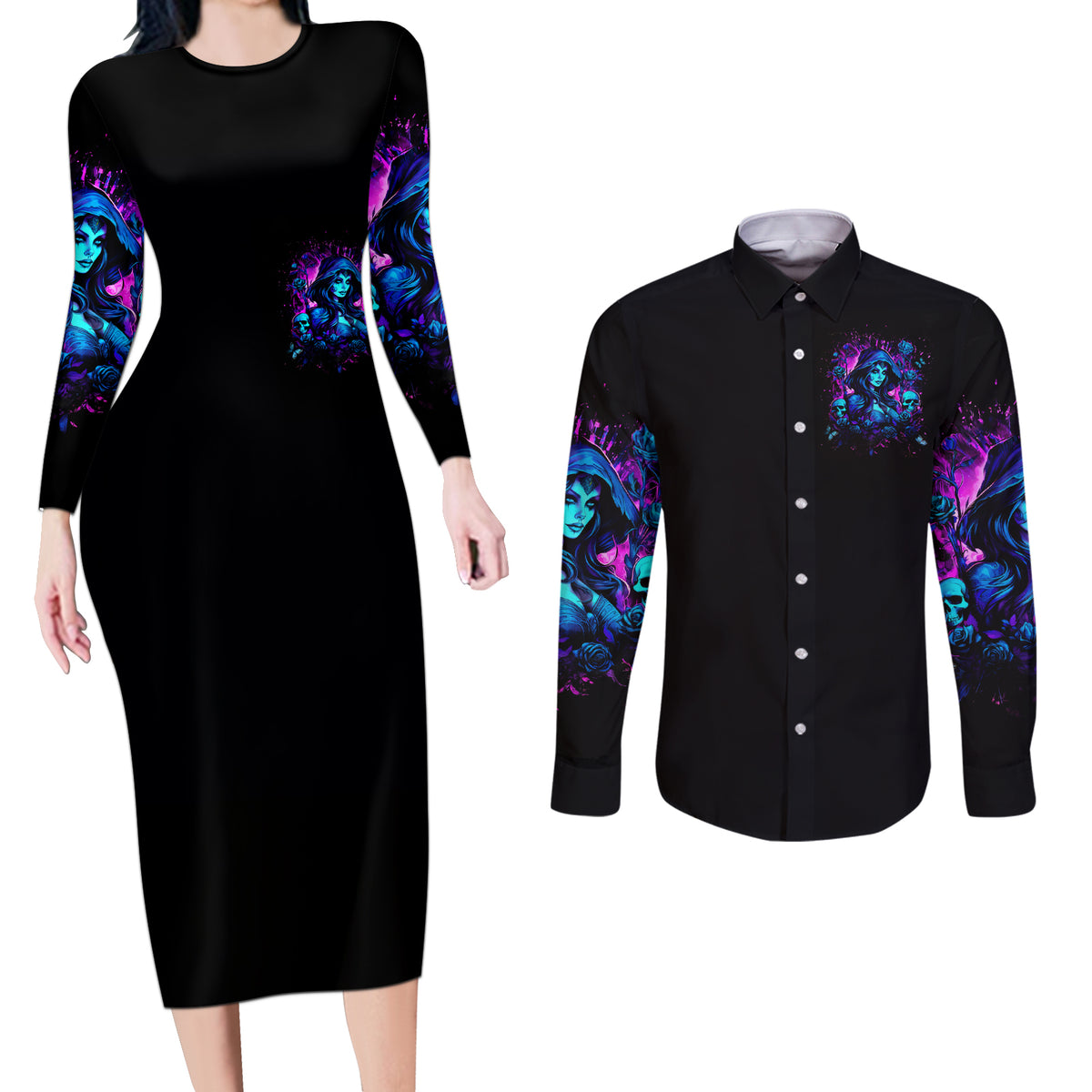Witch Skull Couples Matching Long Sleeve Bodycon Dress and Long Sleeve Button Shirt Assuming Was Like Most Girls Was Your First Mistake - Wonder Print Shop