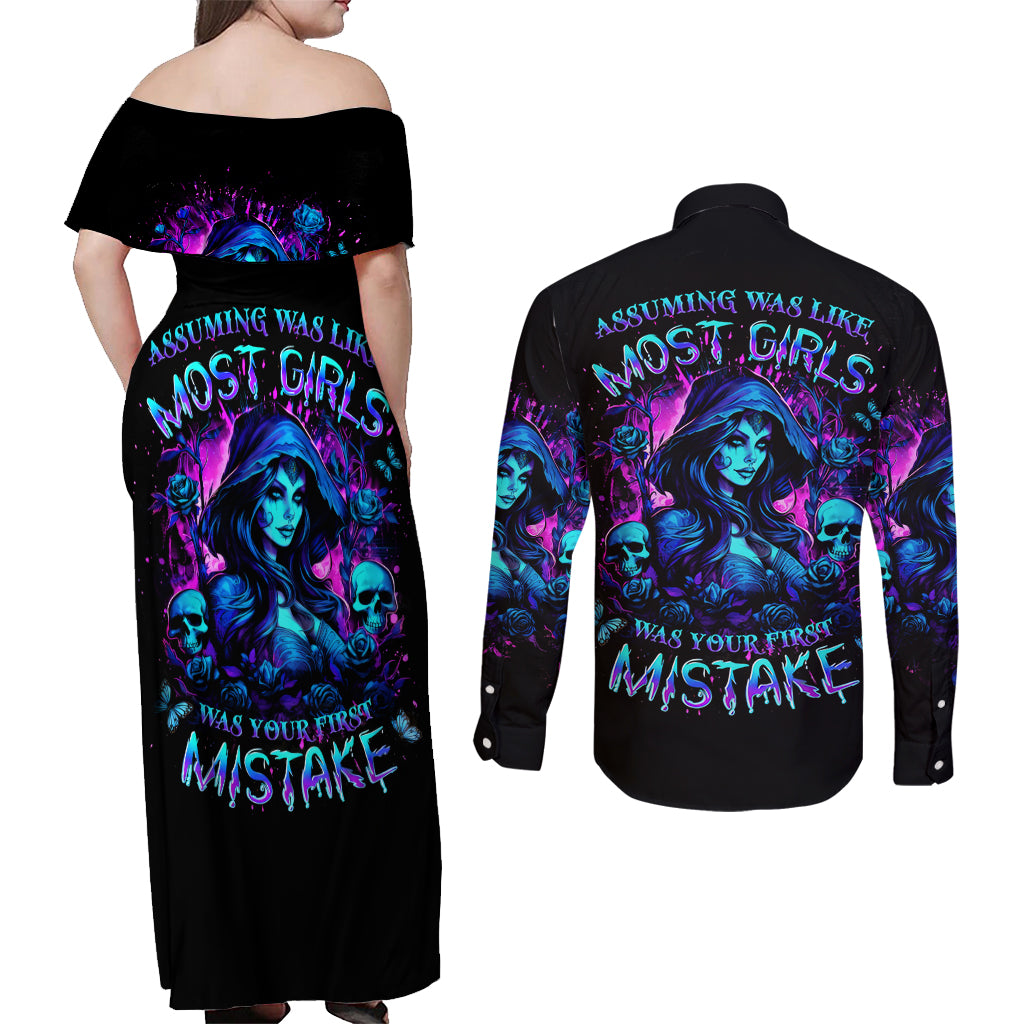 Witch Skull Couples Matching Off Shoulder Maxi Dress and Long Sleeve Button Shirt Assuming Was Like Most Girls Was Your First Mistake - Wonder Print Shop