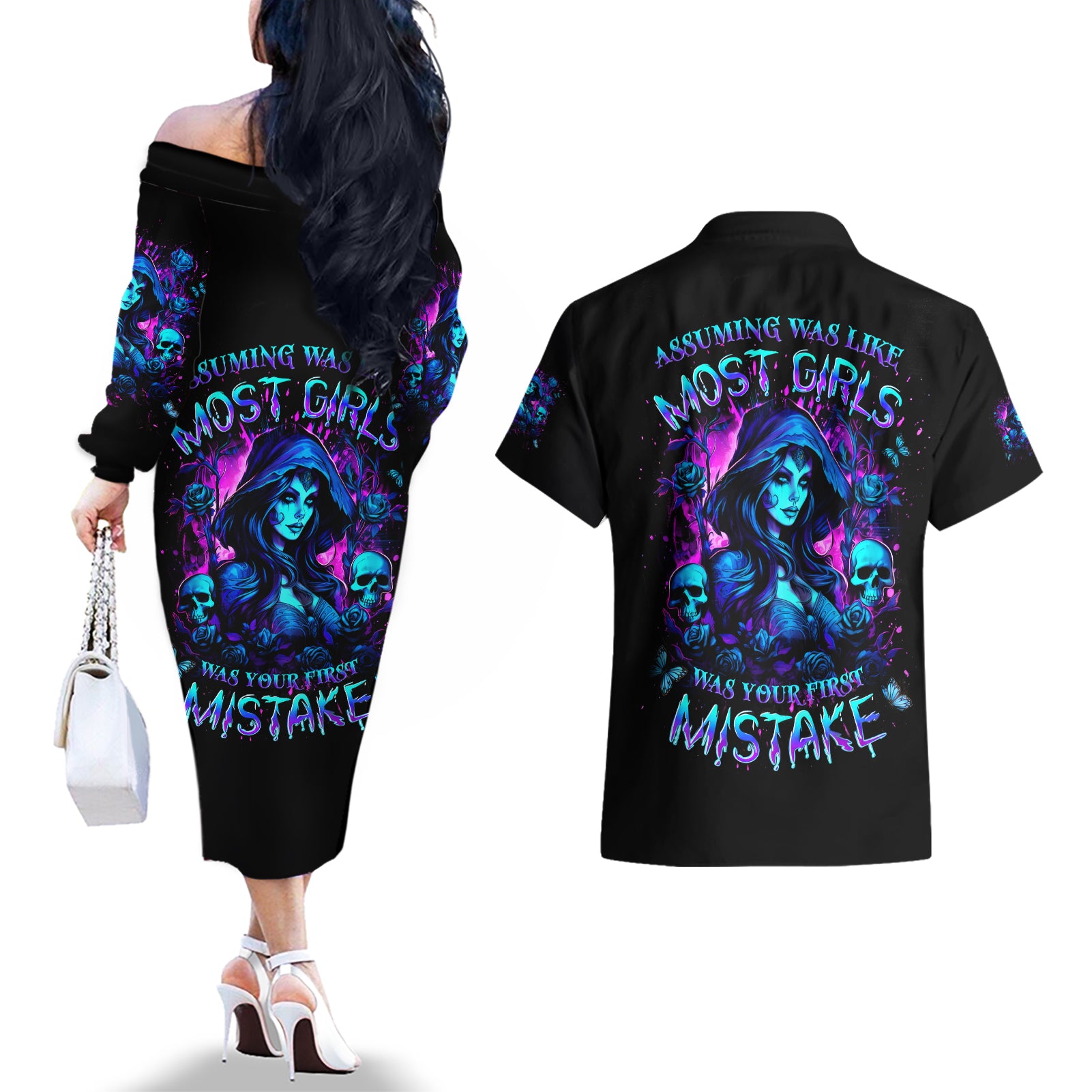 Witch Skull Couples Matching Off The Shoulder Long Sleeve Dress and Hawaiian Shirt Assuming Was Like Most Girls Was Your First Mistake - Wonder Print Shop
